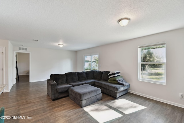 living room with dark hardwood / wood-style flooring, a wealth of natural light, and a textured ceiling