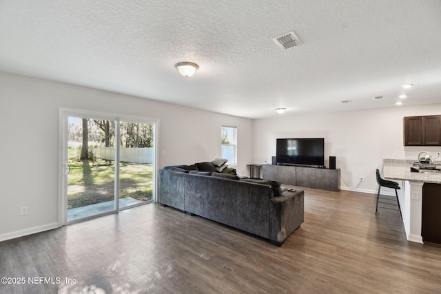 living room featuring dark hardwood / wood-style flooring and a textured ceiling