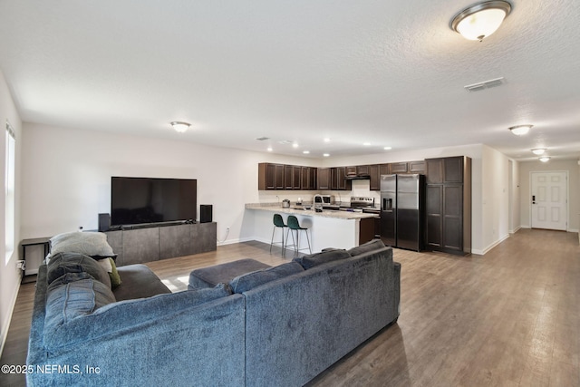 living room featuring a textured ceiling and wood-type flooring