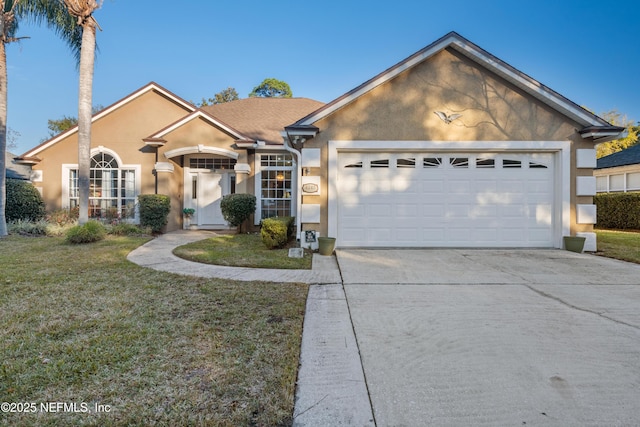 ranch-style house featuring a garage and a front lawn