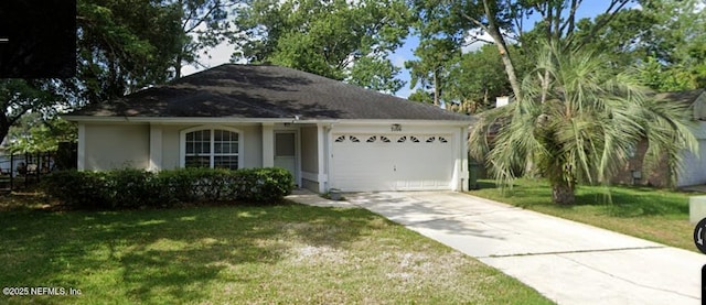 view of front of property featuring driveway, stucco siding, a front yard, and an attached garage