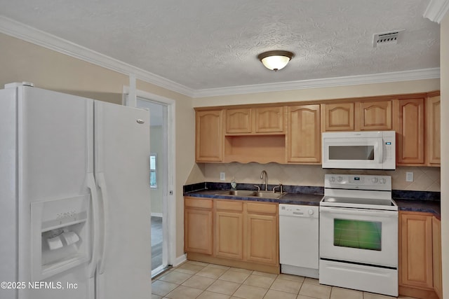 kitchen featuring sink, white appliances, a textured ceiling, ornamental molding, and light tile patterned floors