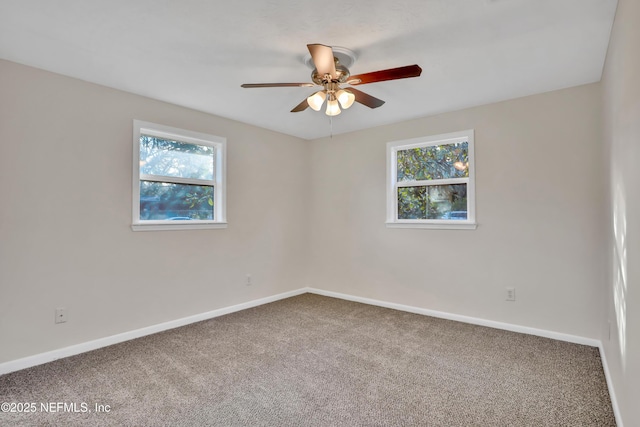 unfurnished room with carpet floors, ceiling fan, and plenty of natural light