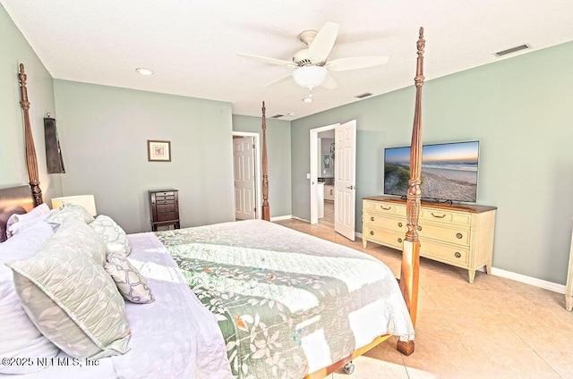 bedroom featuring ceiling fan and light tile patterned floors