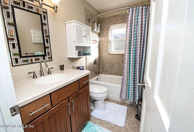 full bathroom with shower / bath combo, toilet, tile patterned flooring, and vanity