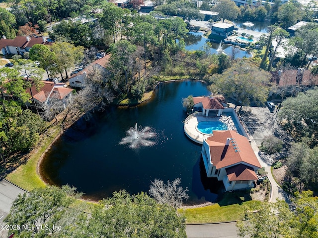 bird's eye view with a water view