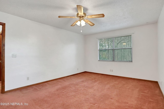 empty room featuring ceiling fan, carpet floors, and a textured ceiling