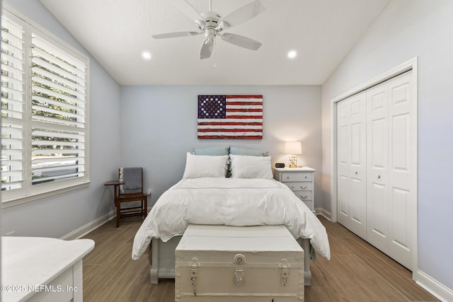 bedroom with multiple windows, vaulted ceiling, a closet, and light wood-type flooring