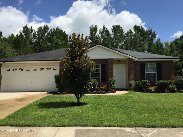 ranch-style home with a garage and a front yard