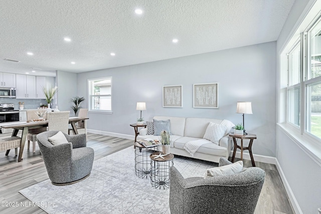 living room featuring a textured ceiling and light hardwood / wood-style flooring