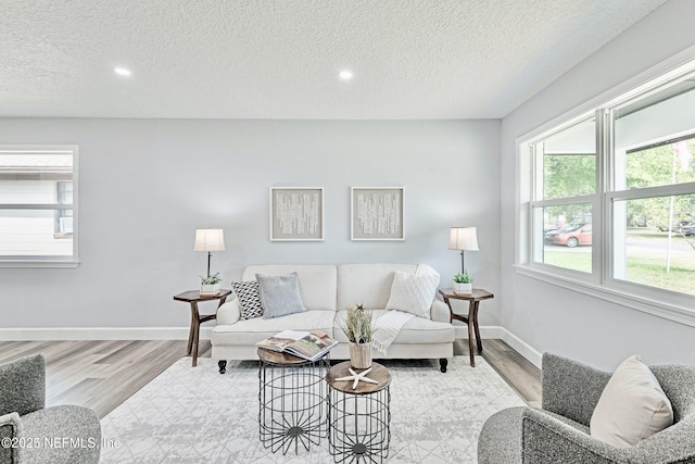 living room with a healthy amount of sunlight, a textured ceiling, and light hardwood / wood-style flooring