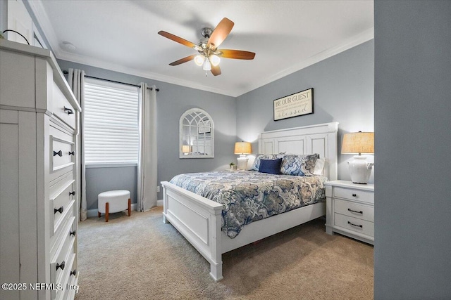 bedroom with ceiling fan, light colored carpet, and crown molding