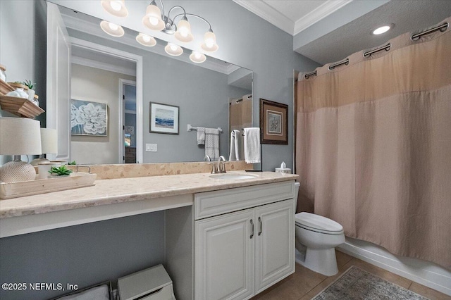 full bathroom featuring vanity, tile patterned floors, shower / bath combination with curtain, ornamental molding, and a chandelier