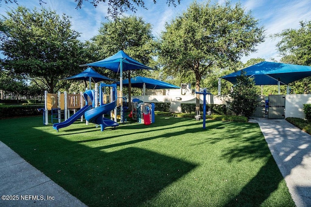 view of jungle gym with a yard