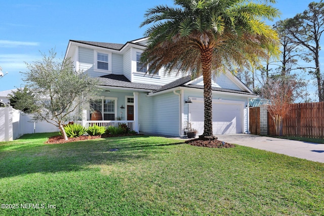 view of front of home featuring covered porch, a garage, and a front lawn