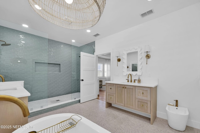 bathroom featuring vanity, a bidet, and plus walk in shower