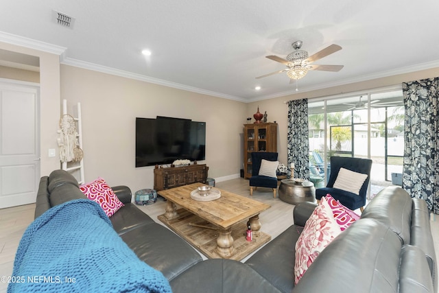 living room with ceiling fan, light hardwood / wood-style floors, and ornamental molding