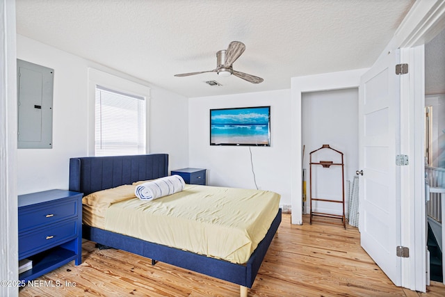 bedroom featuring a textured ceiling, ceiling fan, electric panel, and light hardwood / wood-style floors