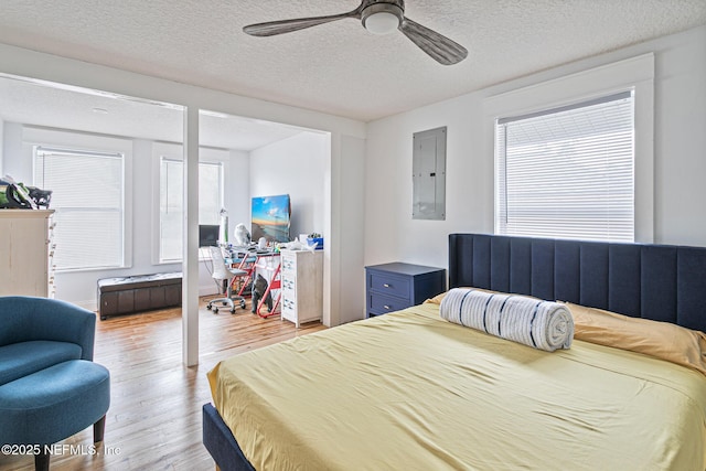 bedroom featuring a textured ceiling, ceiling fan, electric panel, and light hardwood / wood-style flooring