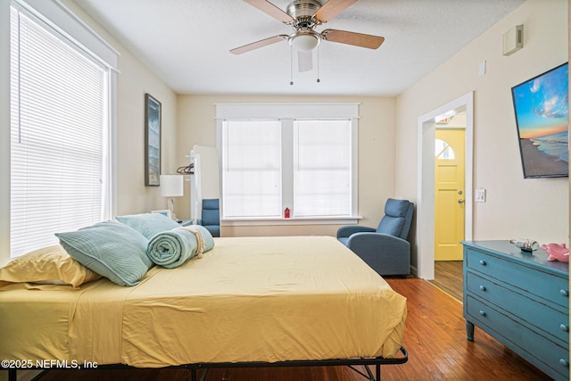 bedroom with ceiling fan, multiple windows, and hardwood / wood-style flooring