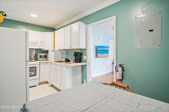 kitchen featuring white appliances, white cabinetry, sink, ornamental molding, and electric panel