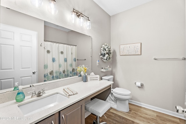 bathroom with curtained shower, hardwood / wood-style floors, toilet, and vanity