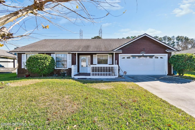 single story home featuring a garage, a front yard, and a porch