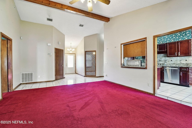 unfurnished living room featuring light tile patterned floors, ceiling fan with notable chandelier, and lofted ceiling with beams