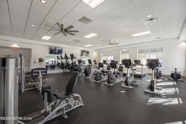 workout area featuring ceiling fan and a drop ceiling