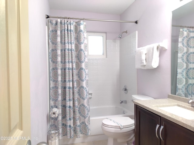 full bathroom with toilet, shower / tub combo, and vanity