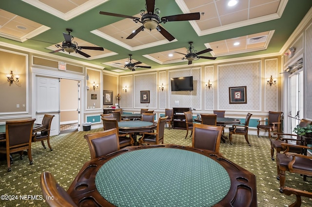 interior space with carpet flooring, crown molding, beamed ceiling, and coffered ceiling