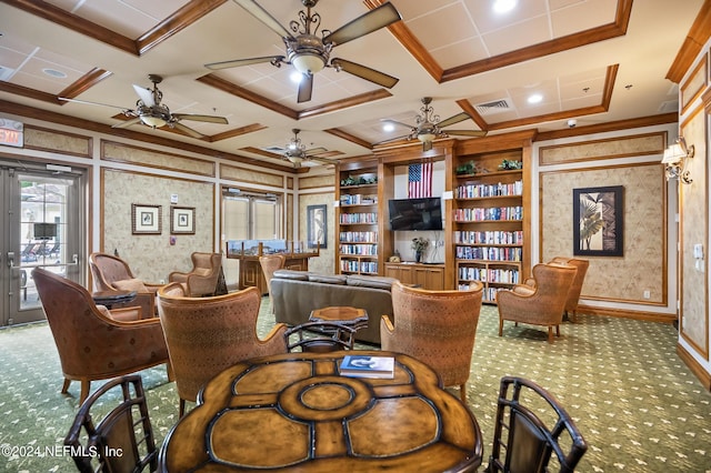 carpeted dining space with beamed ceiling, french doors, built in features, ornamental molding, and coffered ceiling