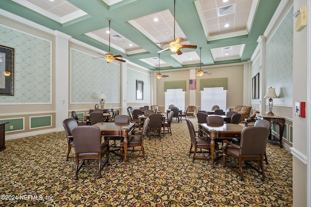 dining room featuring beamed ceiling, crown molding, coffered ceiling, and carpet flooring