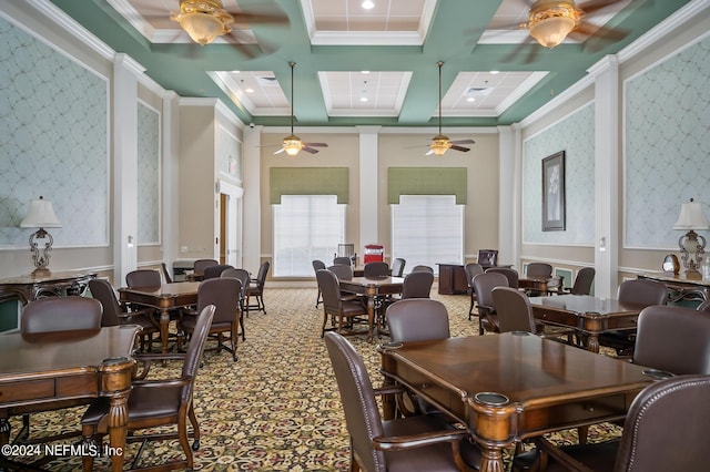 dining area with ceiling fan, ornamental molding, coffered ceiling, and beamed ceiling