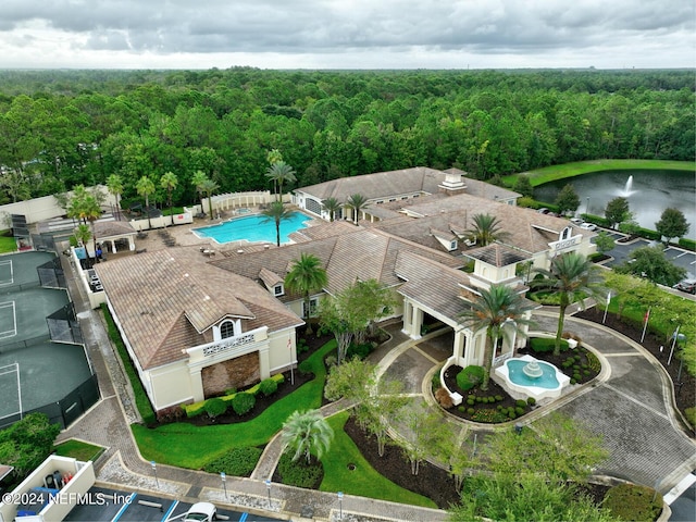 drone / aerial view with a water view