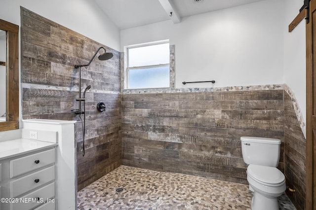 bathroom with toilet, vanity, and a tile shower