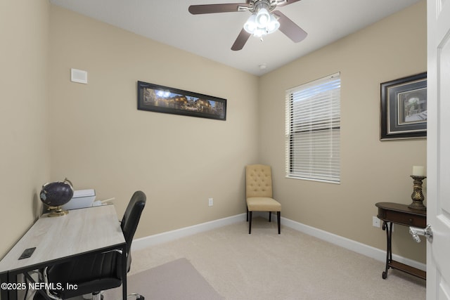 carpeted office with ceiling fan