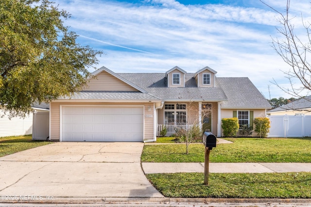 view of front of property featuring a garage, covered porch, and a front lawn