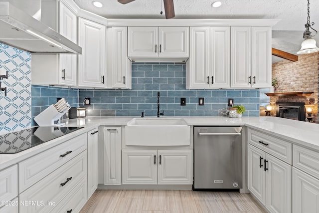 kitchen with white cabinetry, sink, stainless steel dishwasher, and wall chimney range hood