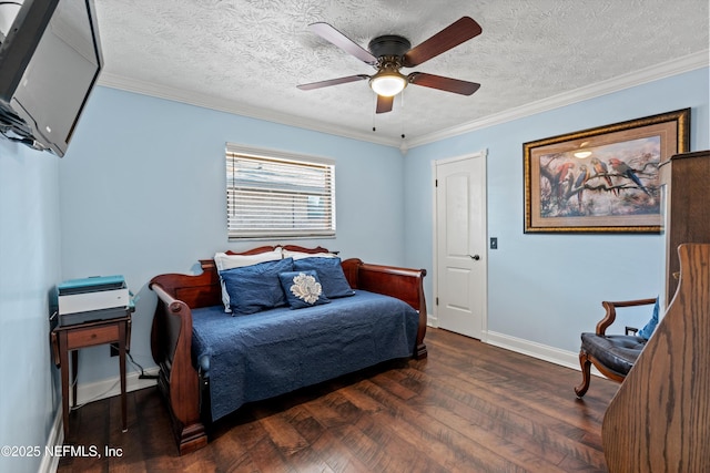 bedroom with dark wood-type flooring, ceiling fan, crown molding, and a textured ceiling