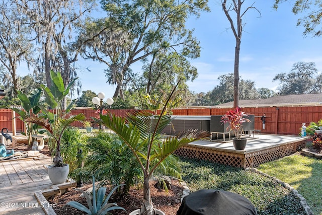 view of yard with a wooden deck and a jacuzzi