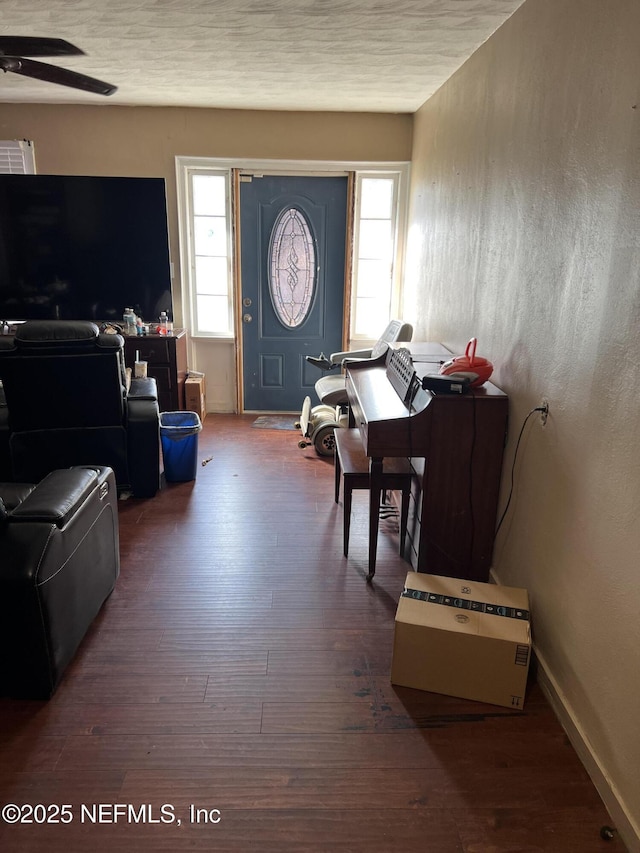 foyer with a healthy amount of sunlight, hardwood / wood-style flooring, and ceiling fan