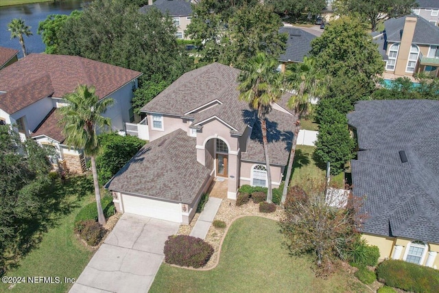 aerial view featuring a water view