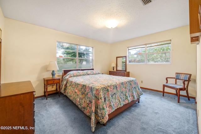 bedroom with a textured ceiling, multiple windows, and carpet flooring