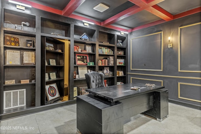 home office with coffered ceiling, beam ceiling, and built in features