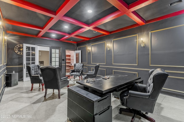 home office featuring coffered ceiling, french doors, and beamed ceiling