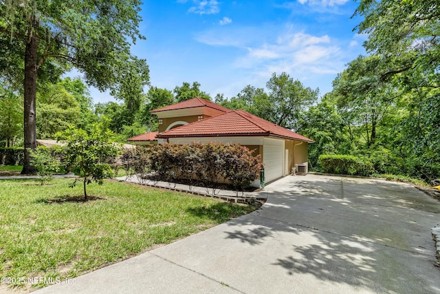 exterior space with a front yard and central air condition unit