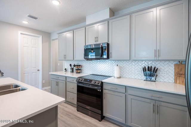 kitchen featuring sink, gray cabinets, appliances with stainless steel finishes, backsplash, and light hardwood / wood-style floors