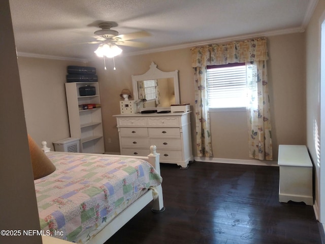 bedroom with ornamental molding, dark hardwood / wood-style flooring, a textured ceiling, and ceiling fan