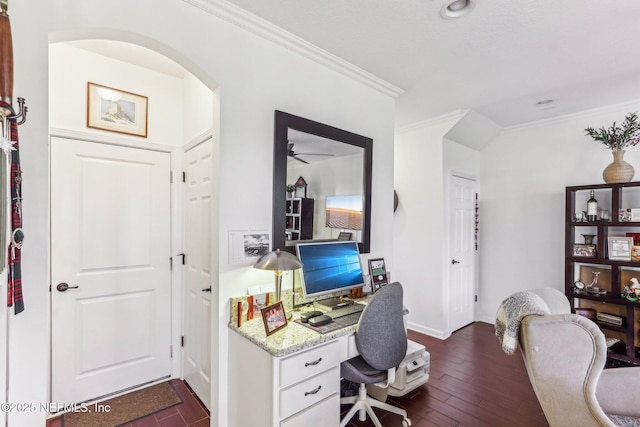 office space featuring crown molding and dark hardwood / wood-style floors